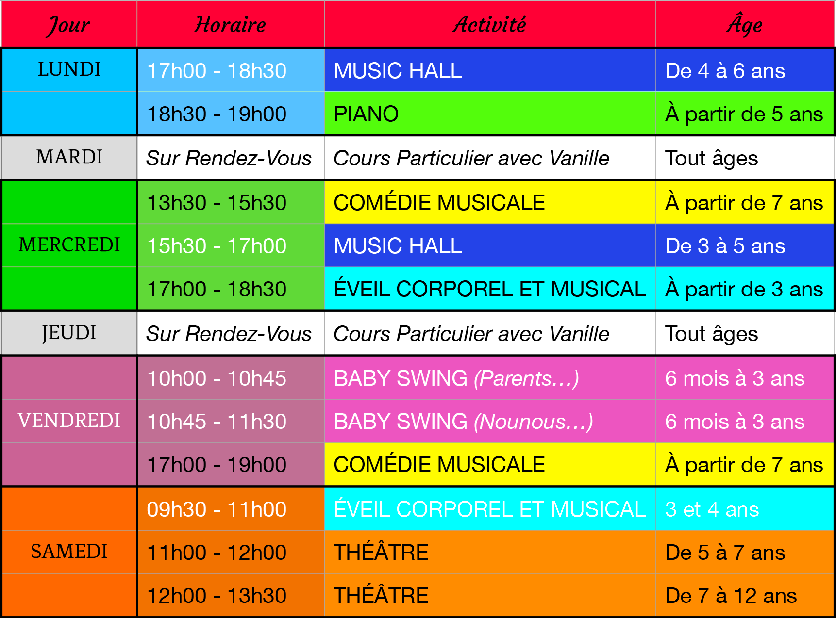 Planning des cours LÉLA SCHOOL